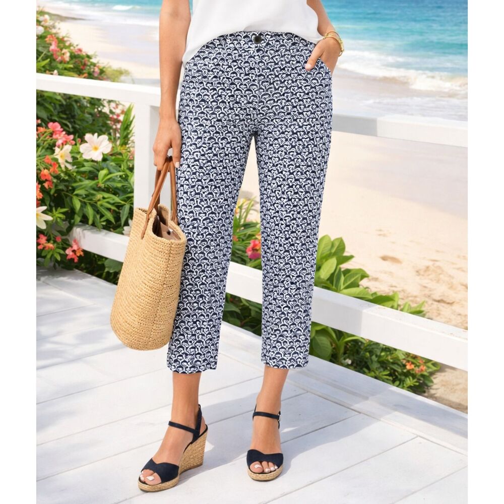 Talbots Petites Perfect Crop Pants 8P Blue White Scroll Print Stretch Cotton